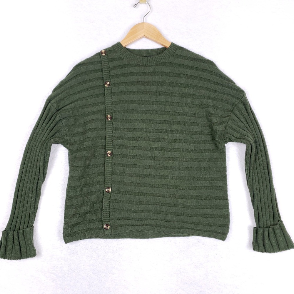 PrettyGarden Side Button Sweater Olive Green Medium Long Sleeve Ribbed Knit Cozy